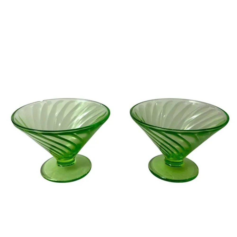 Vintage FEDERAL Swirled Green Depression Glass Sherbert Dish Set of Two